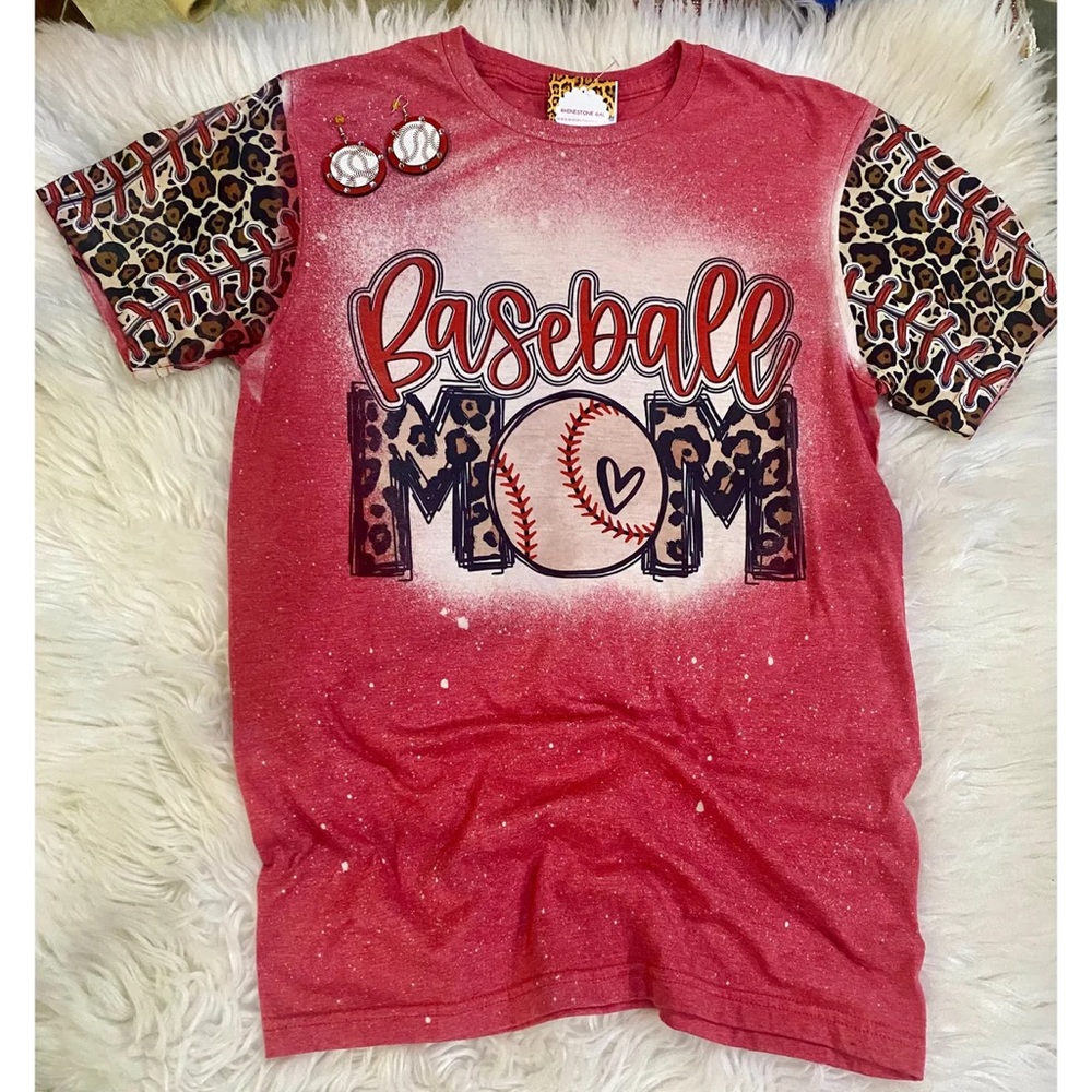 BRAND NEW WITH TAGS Baseball Mom Bleached Tee with Leopard Sleeves